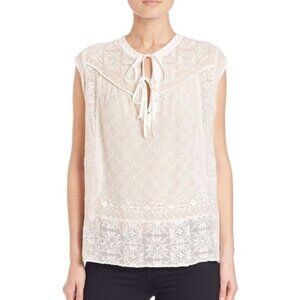 Rebecca Taylor Cream Ada Silk Chiffon Embroidered Split Neck Tie Top Size 2
